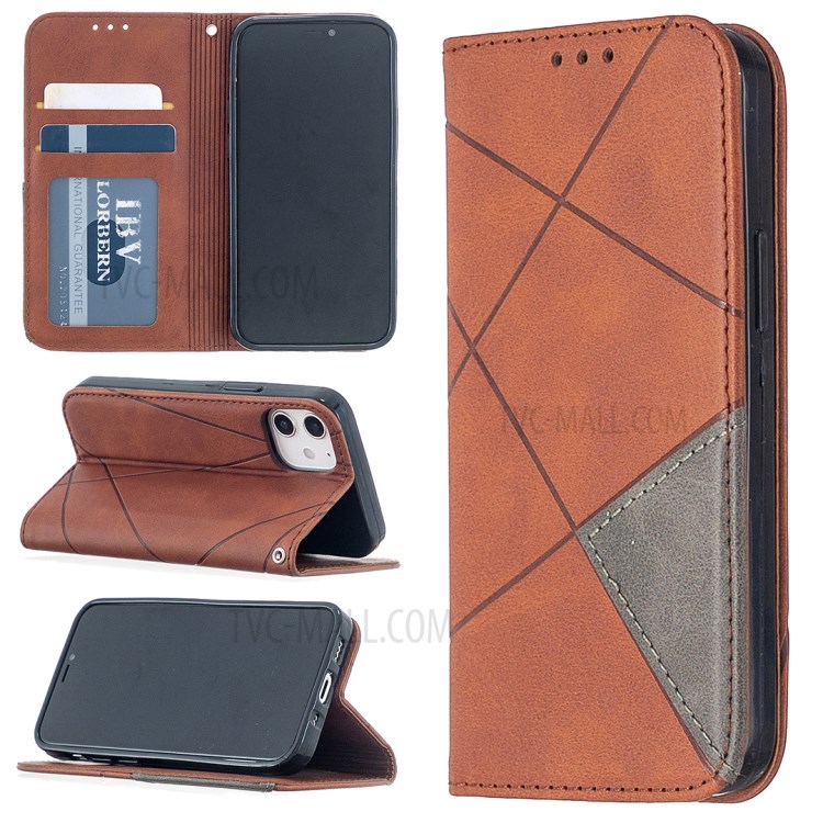 Geometric Pattern Leather Stand Case with Card Slots for iPhone 12 mini - Coffee