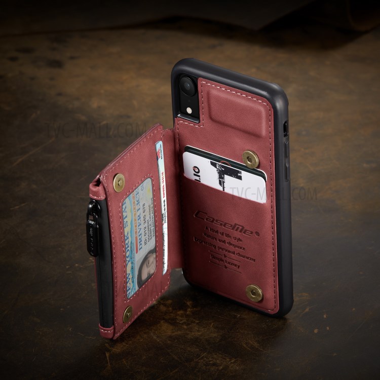CASEME C20 Zipper Pocket Card Slots PU Leather Coated TPU Phone Cover for iPhone XR 6.1 inch - Red-5
