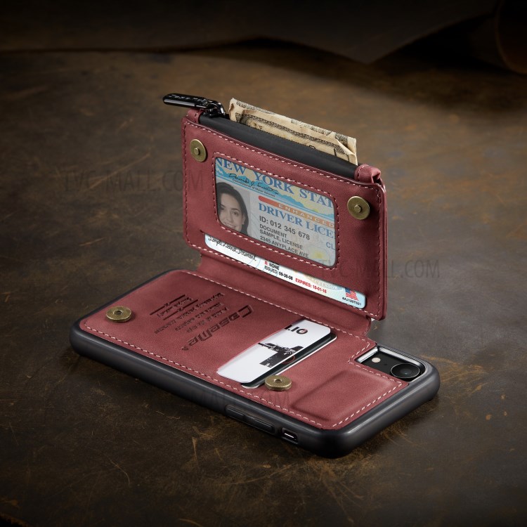 CASEME C20 Zipper Pocket Card Slots PU Leather Coated TPU Phone Cover for iPhone XR 6.1 inch - Red-6
