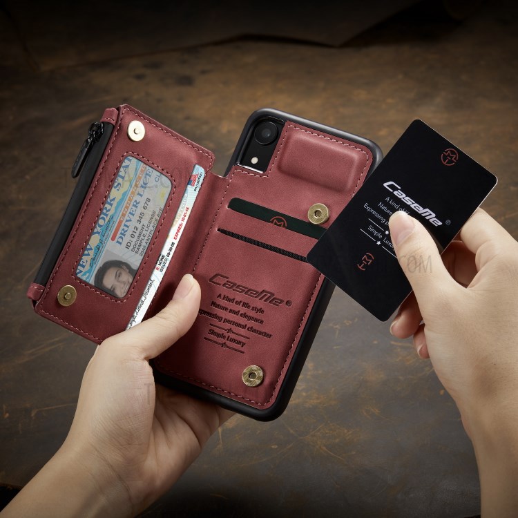 CASEME C20 Zipper Pocket Card Slots PU Leather Coated TPU Phone Cover for iPhone XR 6.1 inch - Red-9