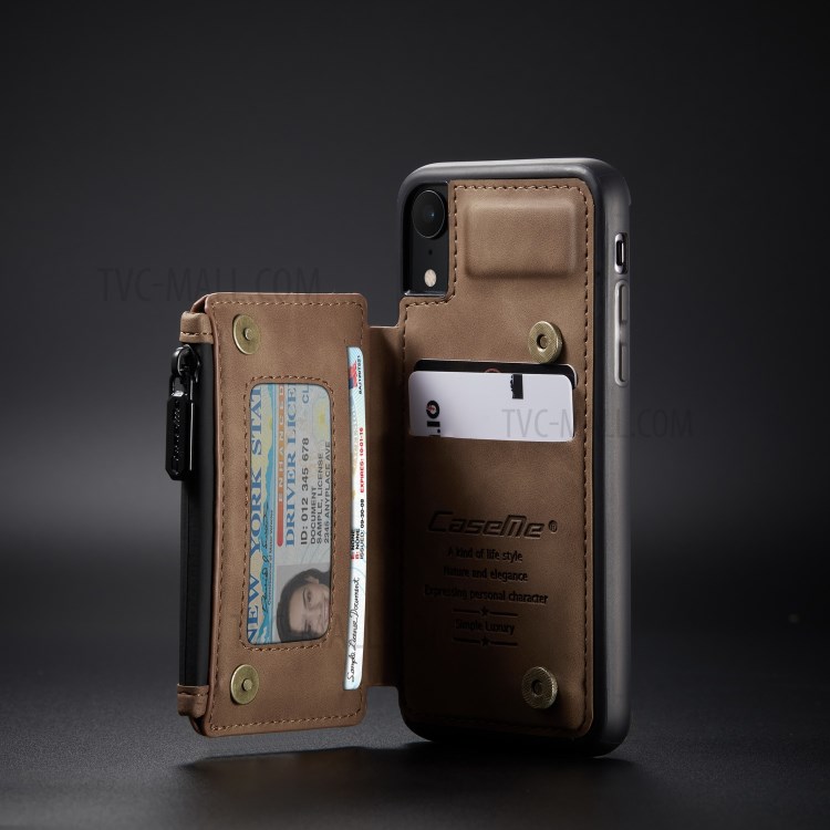 CASEME C20 Zipper Pocket Card Slots PU Leather Coated TPU Phone Cover for iPhone XR 6.1 inch - Brown-12
