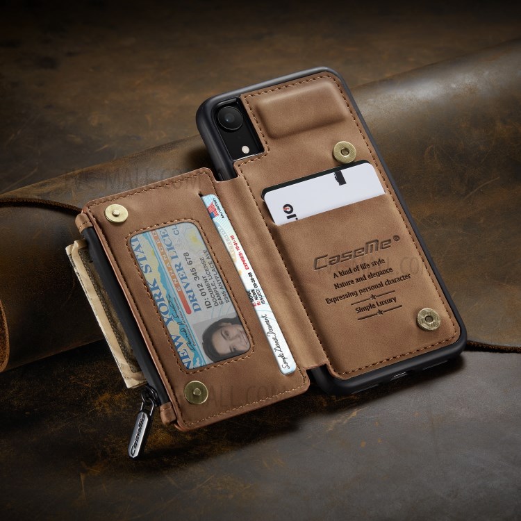CASEME C20 Zipper Pocket Card Slots PU Leather Coated TPU Phone Cover for iPhone XR 6.1 inch - Brown-4
