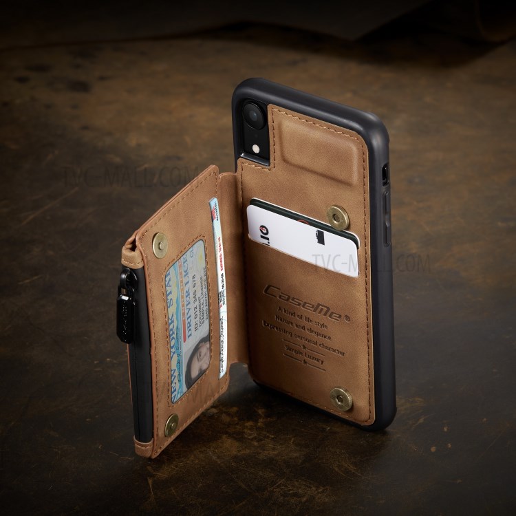 CASEME C20 Zipper Pocket Card Slots PU Leather Coated TPU Phone Cover for iPhone XR 6.1 inch - Brown-5