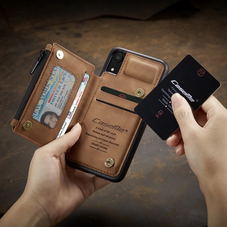 CASEME C20 Zipper Pocket Card Slots PU Leather Coated TPU Phone Cover for iPhone XR 6.1 inch - Brown-9