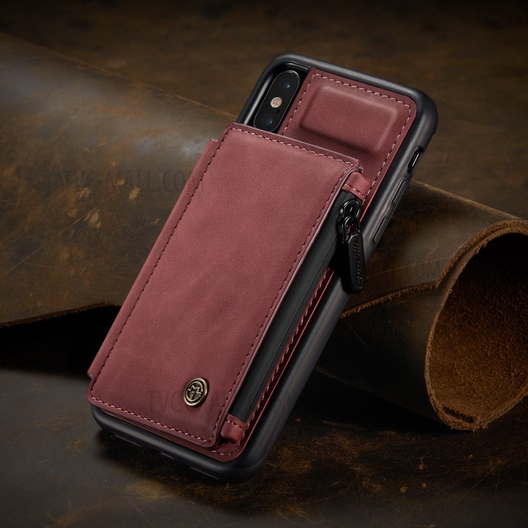 CASEME C20 Zipper Pocket Card Slots PU Leather Coated TPU Back Case for iPhone X/XS 5.8 inch - Red-1
