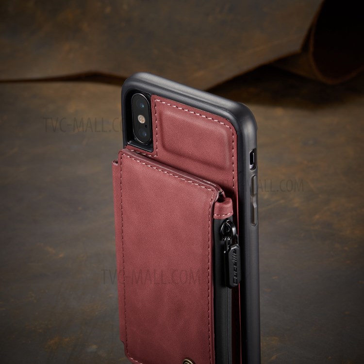 CASEME C20 Zipper Pocket Card Slots PU Leather Coated TPU Back Case for iPhone X/XS 5.8 inch - Red-10