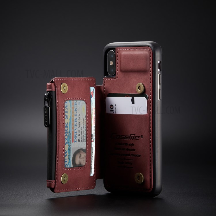 CASEME C20 Zipper Pocket Card Slots PU Leather Coated TPU Back Case for iPhone X/XS 5.8 inch - Red-12