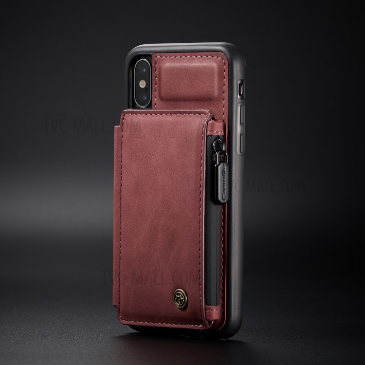 CASEME C20 Zipper Pocket Card Slots PU Leather Coated TPU Back Case for iPhone X/XS 5.8 inch - Red-13