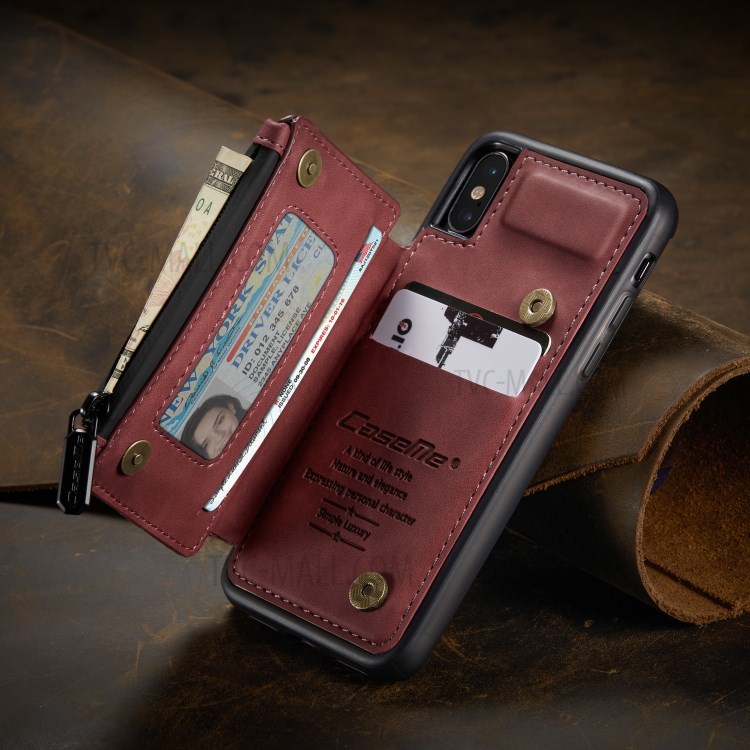 CASEME C20 Zipper Pocket Card Slots PU Leather Coated TPU Back Case for iPhone X/XS 5.8 inch - Red-2