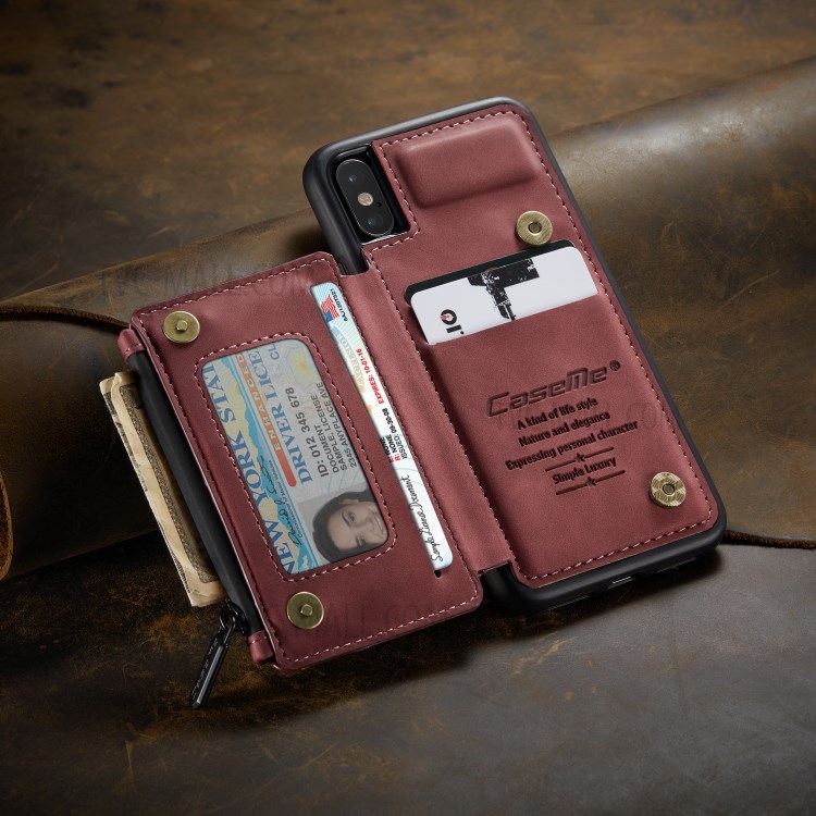 CASEME C20 Zipper Pocket Card Slots PU Leather Coated TPU Back Case for iPhone X/XS 5.8 inch - Red-4
