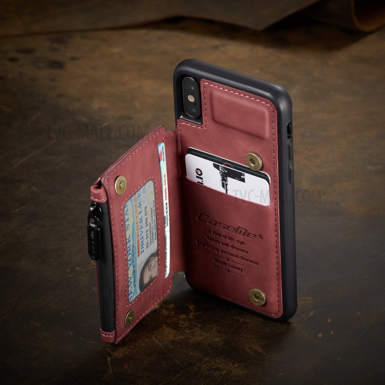 CASEME C20 Zipper Pocket Card Slots PU Leather Coated TPU Back Case for iPhone X/XS 5.8 inch - Red-5