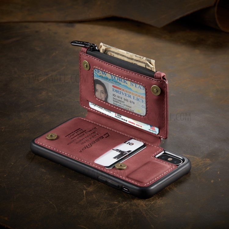 CASEME C20 Zipper Pocket Card Slots PU Leather Coated TPU Back Case for iPhone X/XS 5.8 inch - Red-6