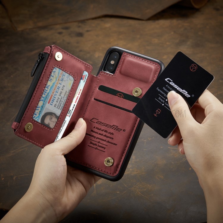 CASEME C20 Zipper Pocket Card Slots PU Leather Coated TPU Back Case for iPhone X/XS 5.8 inch - Red-9