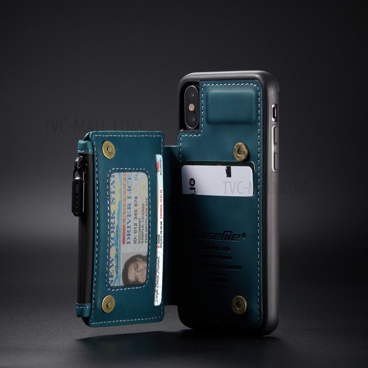 CASEME C20 Zipper Pocket Card Slots PU Leather Coated TPU Back Case for iPhone X/XS 5.8 inch - Blue-12