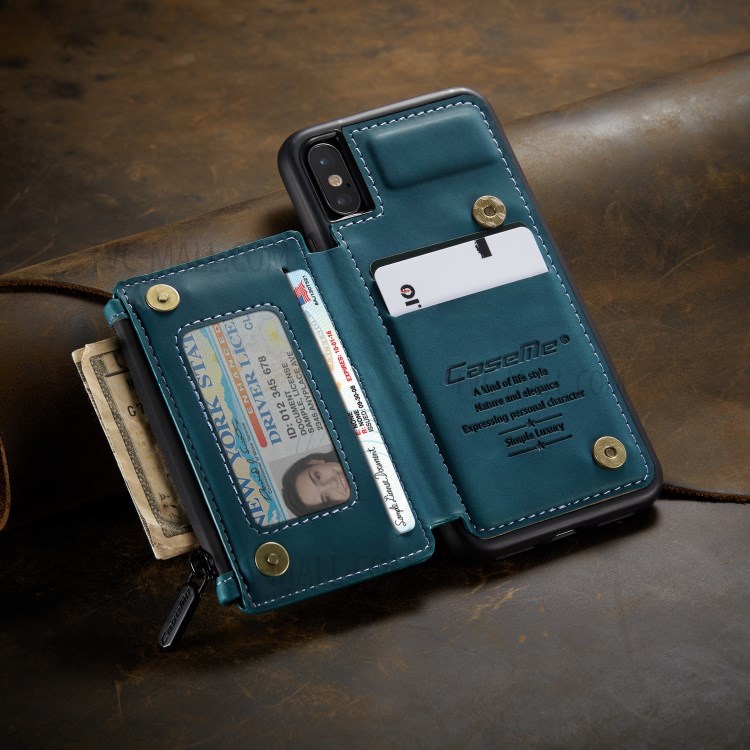 CASEME C20 Zipper Pocket Card Slots PU Leather Coated TPU Back Case for iPhone X/XS 5.8 inch - Blue-4