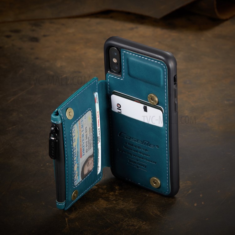 CASEME C20 Zipper Pocket Card Slots PU Leather Coated TPU Back Case for iPhone X/XS 5.8 inch - Blue-5