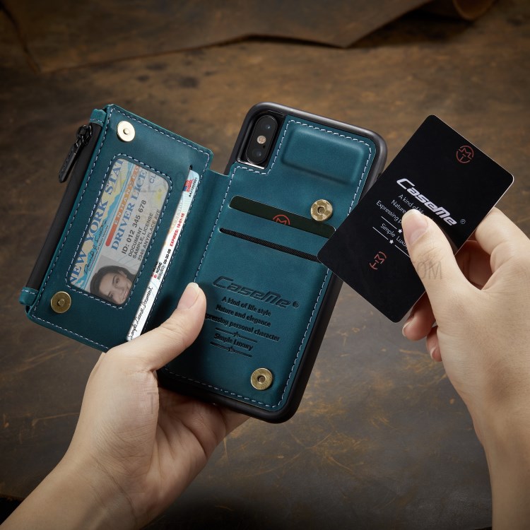CASEME C20 Zipper Pocket Card Slots PU Leather Coated TPU Back Case for iPhone X/XS 5.8 inch - Blue-9