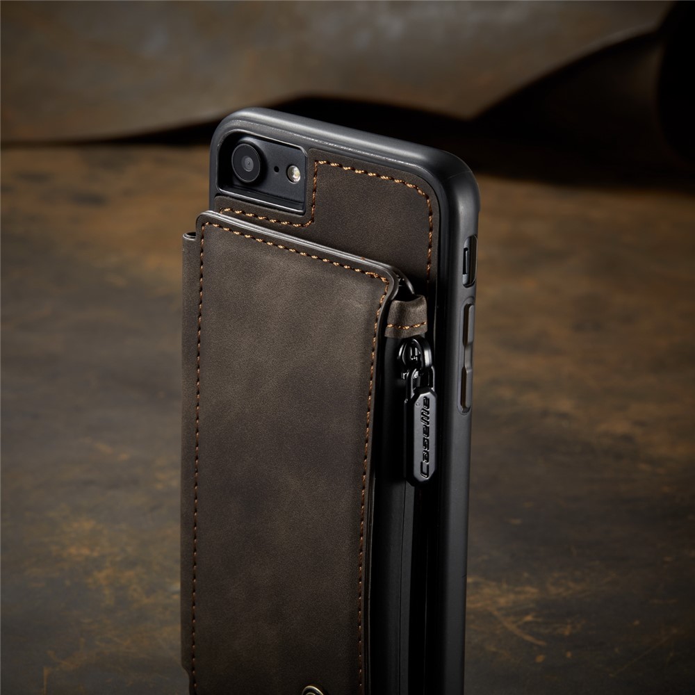 CASEME C20 Zipper Pocket Card Slots PU Leather Coated TPU Case for iPhone 7/8 4.7 inch - Coffee-5