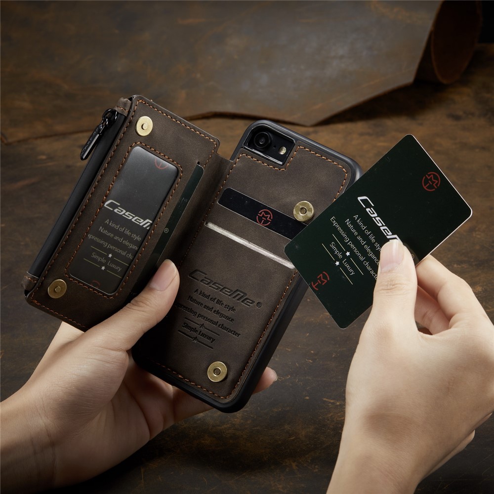 CASEME C20 Zipper Pocket Card Slots PU Leather Coated TPU Case for iPhone 7/8 4.7 inch - Coffee-8