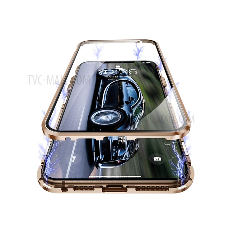 Moldura De Metal De Instalação Magnética + Vidro Temperado Cobertura De Telefone Cobertura Completa Para IPhone XR 6.1 Polegadas - Ouro