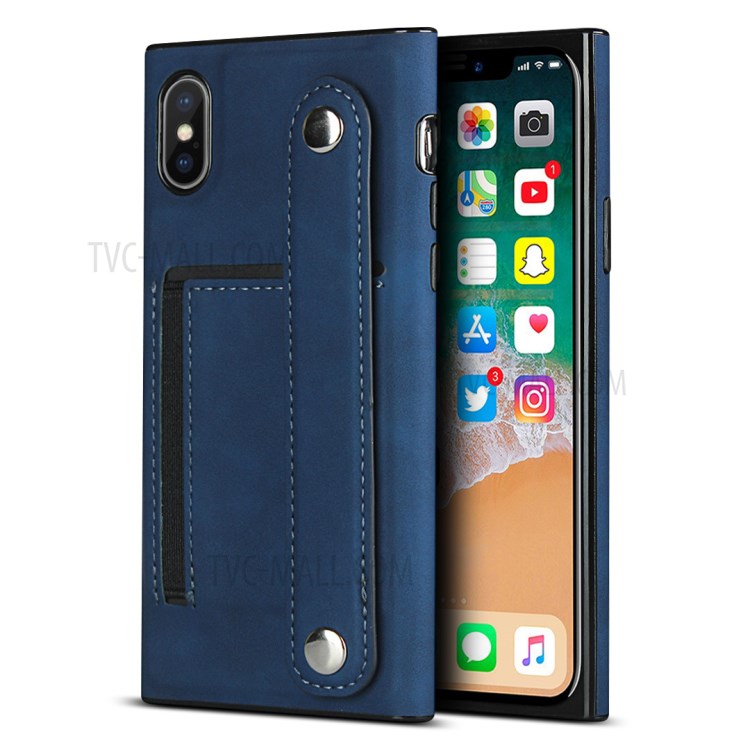 Skin-feeling with Wristband Leather Phone Shell for iPhone XS Max 6.5 inch - Blue-1