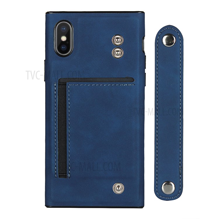 Skin-feeling with Wristband Leather Phone Shell for iPhone XS Max 6.5 inch - Blue-3