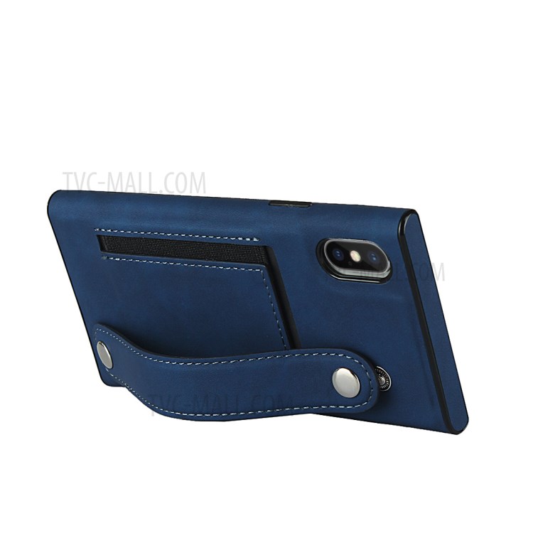 Skin-feeling with Wristband Leather Phone Shell for iPhone XS Max 6.5 inch - Blue-6