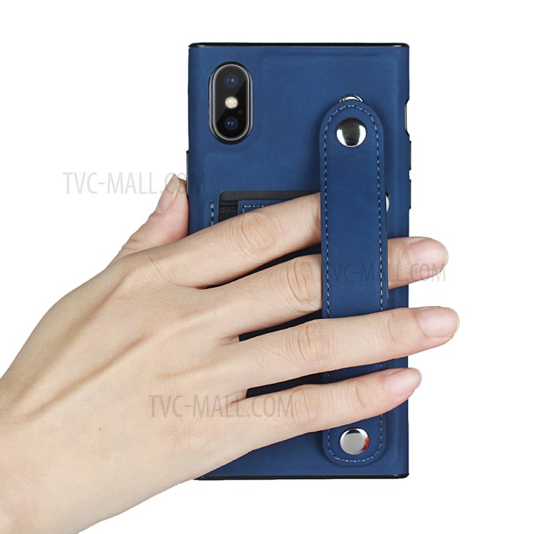 Skin-feeling with Wristband Leather Phone Shell for iPhone XS Max 6.5 inch - Blue-8
