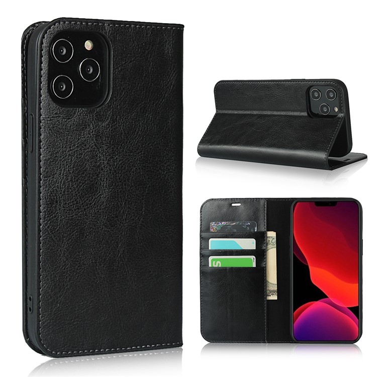 Crazy Horse Genuine Leather Wallet Phone Case for iPhone 12 Pro Max 6.7 inch - Black-1