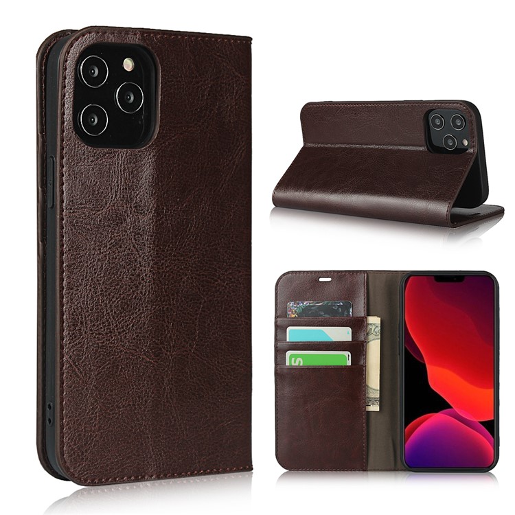Crazy Horse Genuine Leather Wallet Phone Case for iPhone 12 Pro Max 6.7 inch - Coffee-1