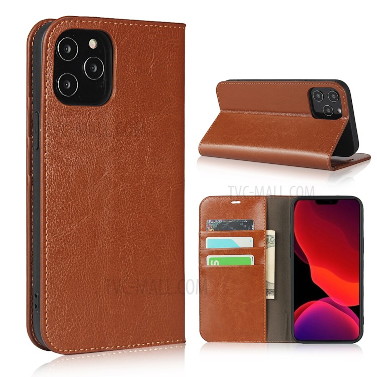 Crazy Horse Genuine Leather Wallet Phone Case for iPhone 12 Pro Max 6.7 inch - Brown-1