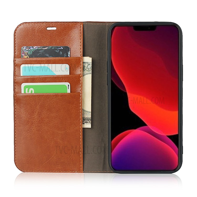 Crazy Horse Genuine Leather Wallet Phone Case for iPhone 12 Pro Max 6.7 inch - Brown-4