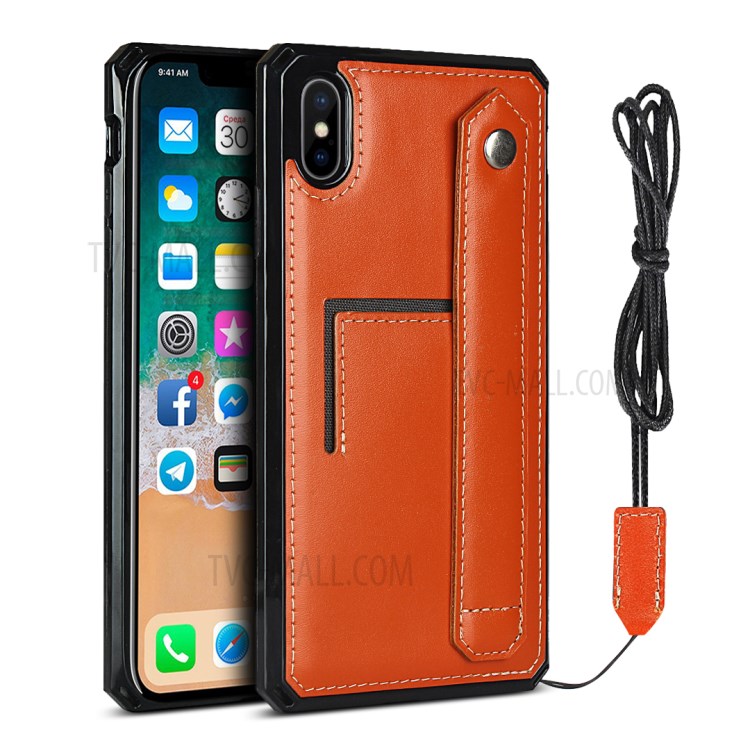 Genuine Leather Coated TPU Case with Handy Strap Card Slot Lanyard for iPhone XS Max 6.5 inch - Orange-1