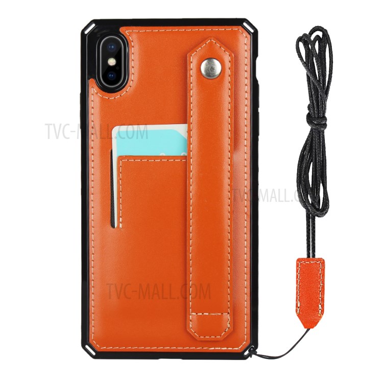 Genuine Leather Coated TPU Case with Handy Strap Card Slot Lanyard for iPhone XS Max 6.5 inch - Orange-2