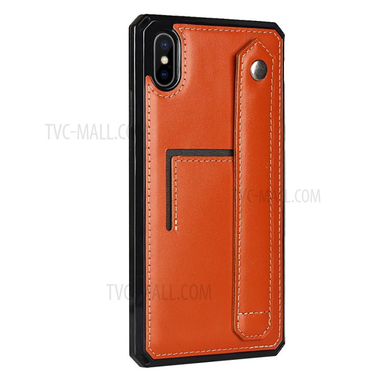 Genuine Leather Coated TPU Case with Handy Strap Card Slot Lanyard for iPhone XS Max 6.5 inch - Orange-3
