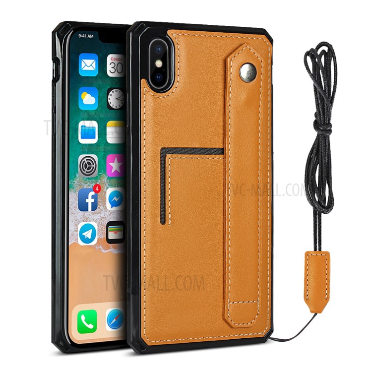 Genuine Leather Coated TPU Case with Handy Strap Card Slot Lanyard for iPhone XS Max 6.5 inch - Light Brown-1