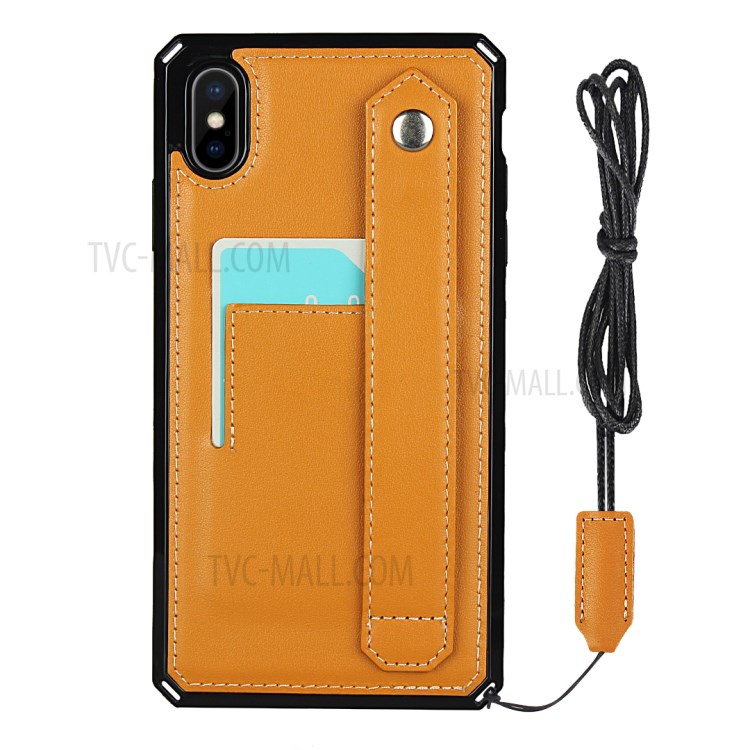 Genuine Leather Coated TPU Case with Handy Strap Card Slot Lanyard for iPhone XS Max 6.5 inch - Light Brown-2