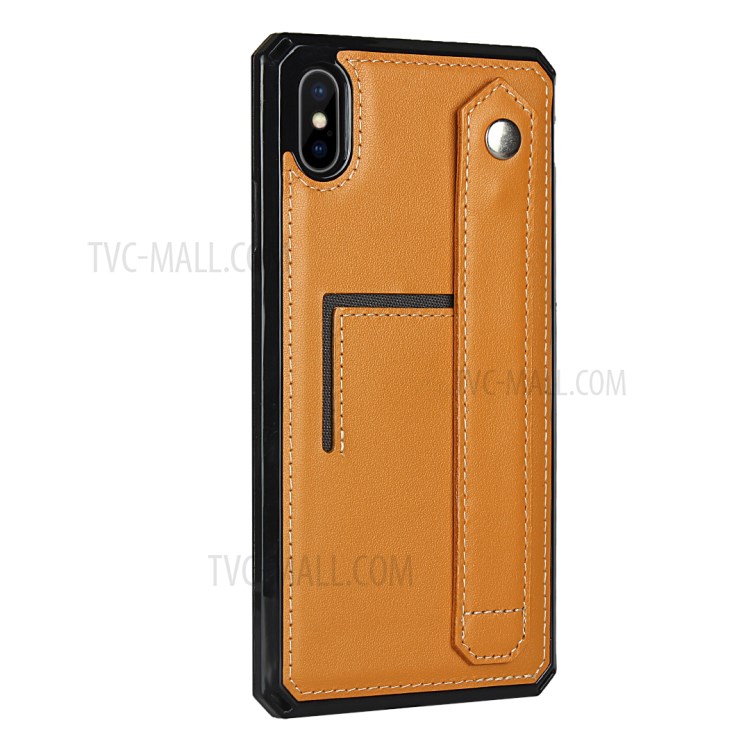 Genuine Leather Coated TPU Case with Handy Strap Card Slot Lanyard for iPhone XS Max 6.5 inch - Light Brown-3
