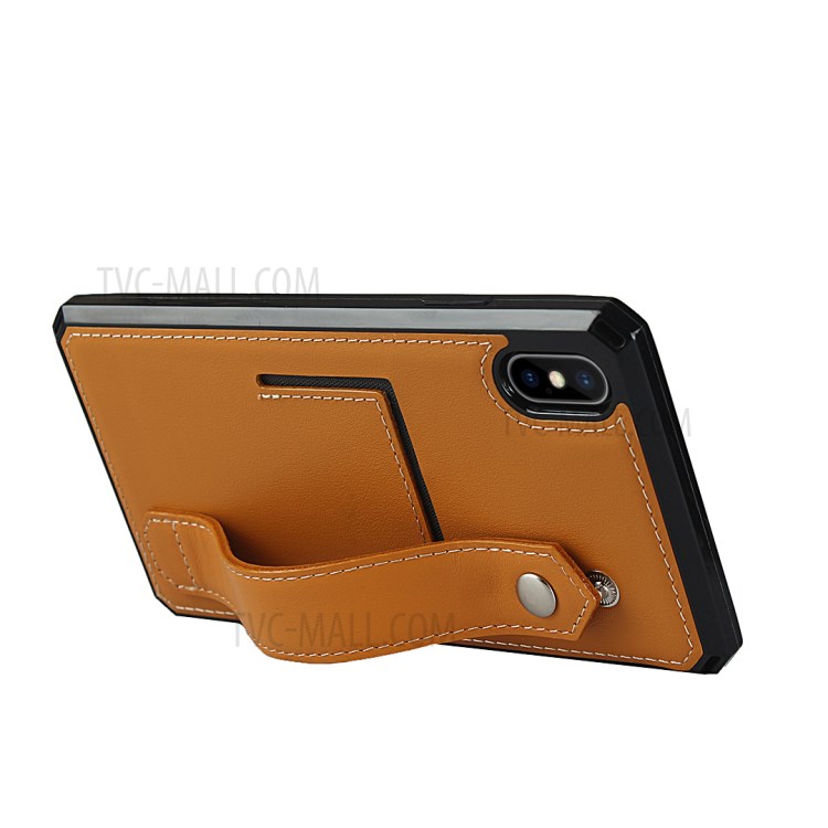 Genuine Leather Coated TPU Case with Handy Strap Card Slot Lanyard for iPhone XS Max 6.5 inch - Light Brown-4