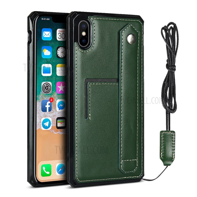 Genuine Leather Coated TPU Case with Handy Strap Card Slot Lanyard for iPhone XS Max 6.5 inch - Dark Green-1