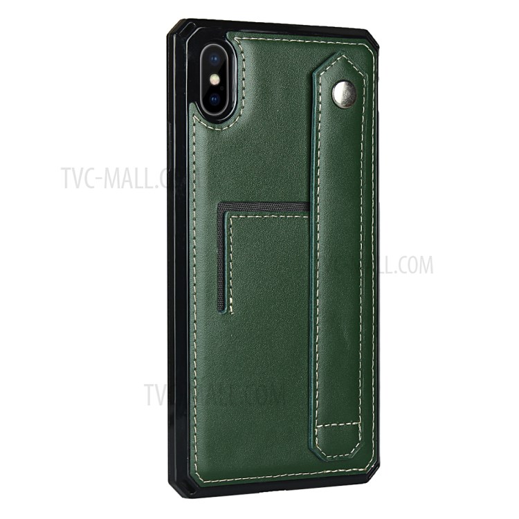 Genuine Leather Coated TPU Case with Handy Strap Card Slot Lanyard for iPhone XS Max 6.5 inch - Dark Green-3