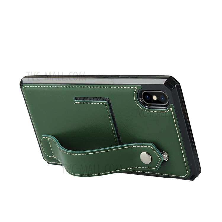 Genuine Leather Coated TPU Case with Handy Strap Card Slot Lanyard for iPhone XS Max 6.5 inch - Dark Green-4