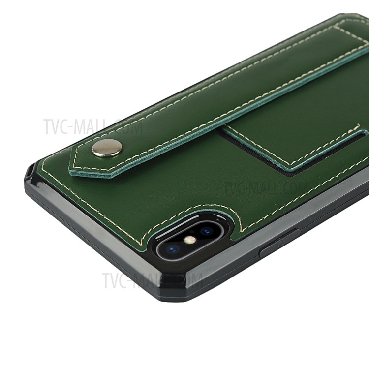 Genuine Leather Coated TPU Case with Handy Strap Card Slot Lanyard for iPhone XS Max 6.5 inch - Dark Green-5