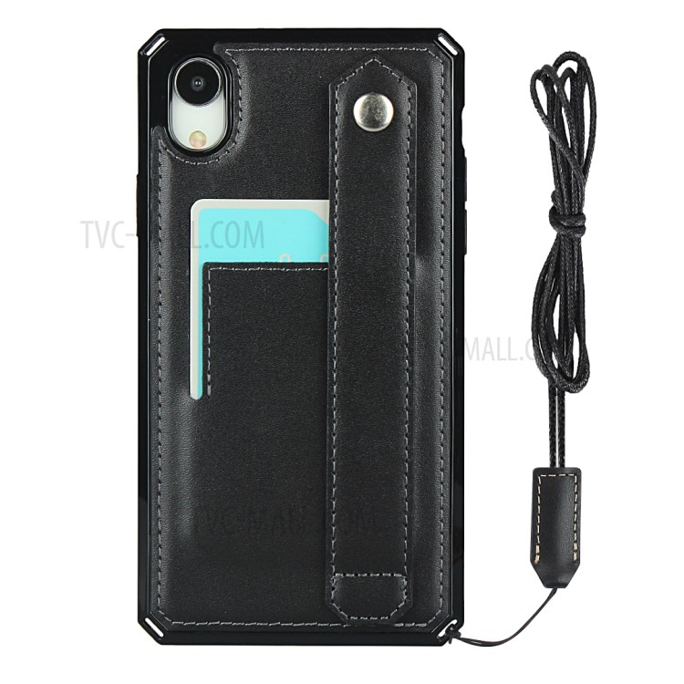 Hand Strap Kickstand Genuine Leather Coated TPU Cover with Card Slot for iPhone XR 6.1 inch - Black-2