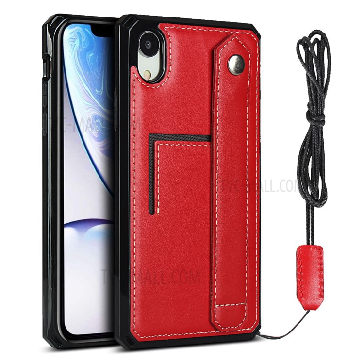 Hand Strap Kickstand Genuine Leather Coated TPU Cover with Card Slot for iPhone XR 6.1 inch - Red-1
