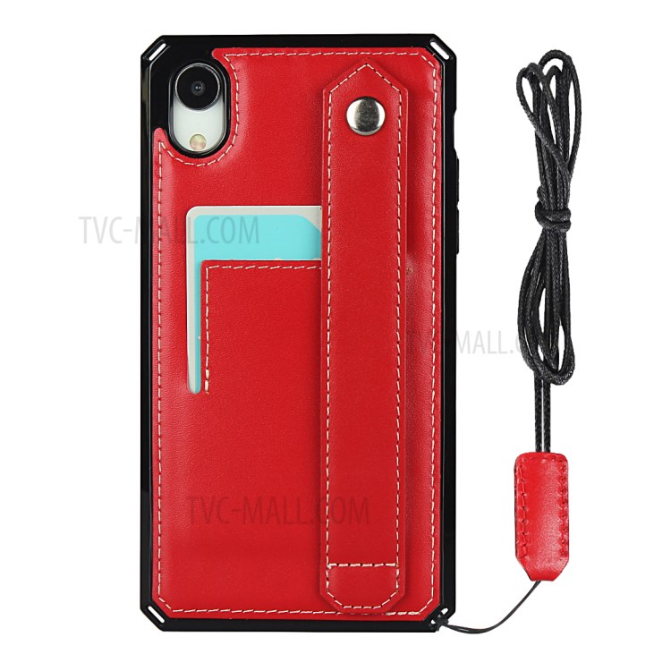 Hand Strap Kickstand Genuine Leather Coated TPU Cover with Card Slot for iPhone XR 6.1 inch - Red-2