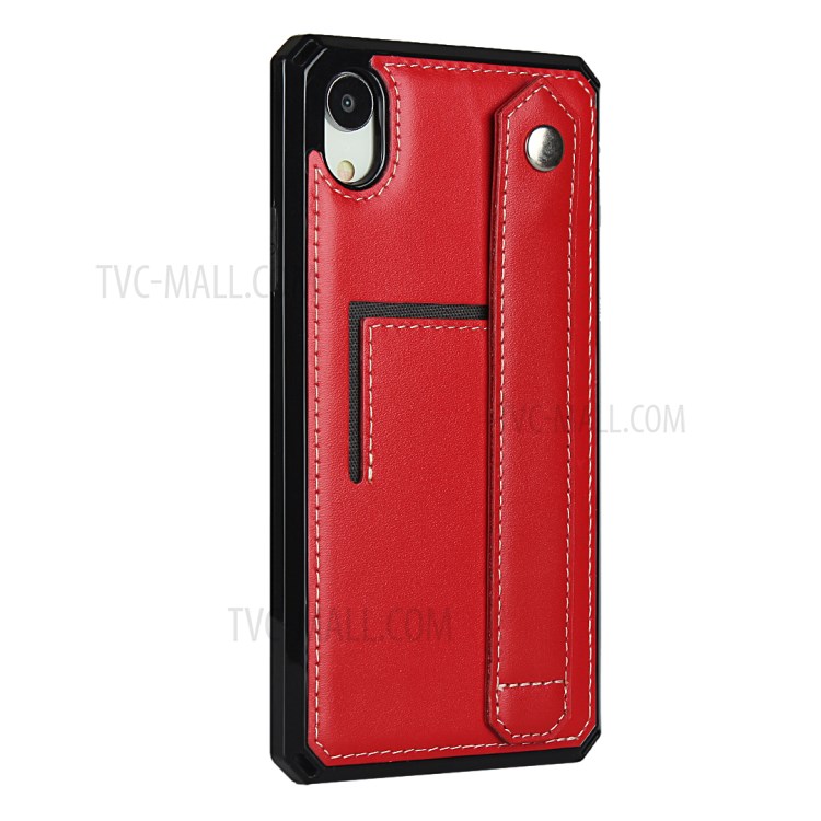 Hand Strap Kickstand Genuine Leather Coated TPU Cover with Card Slot for iPhone XR 6.1 inch - Red-3