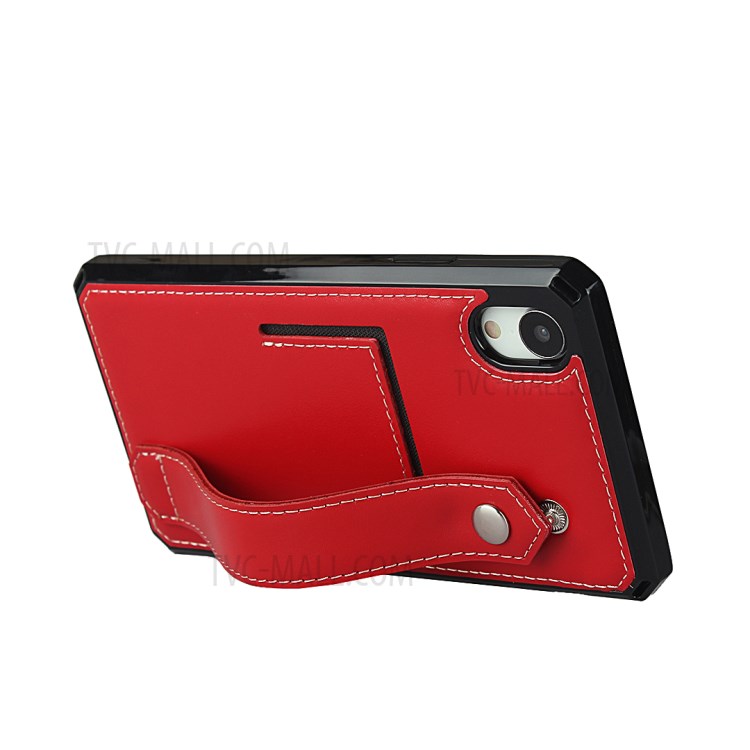 Hand Strap Kickstand Genuine Leather Coated TPU Cover with Card Slot for iPhone XR 6.1 inch - Red-4