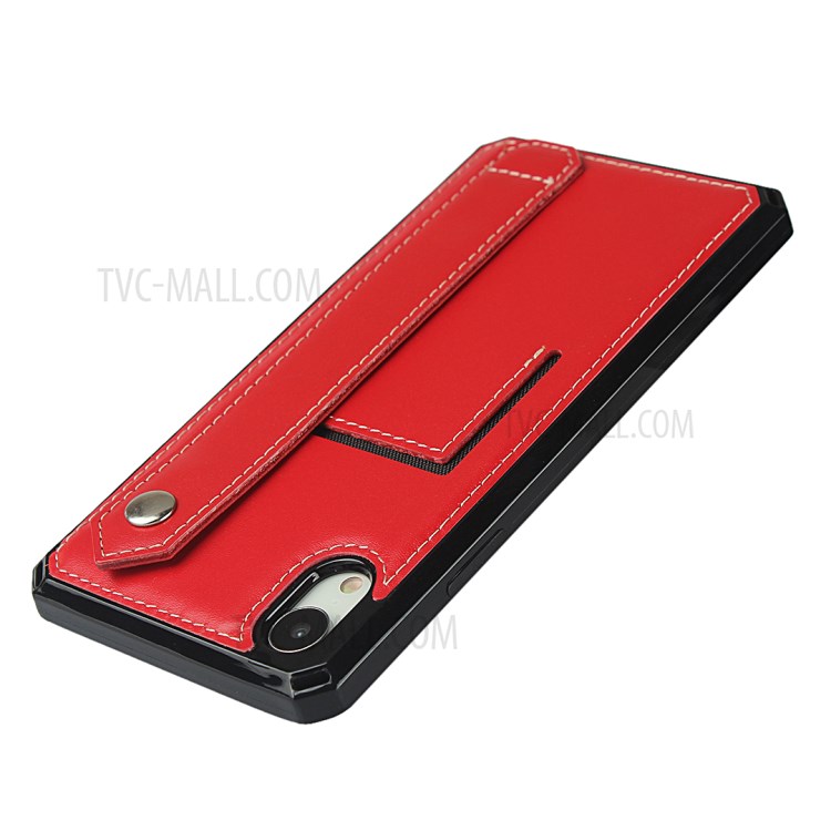 Hand Strap Kickstand Genuine Leather Coated TPU Cover with Card Slot for iPhone XR 6.1 inch - Red-5