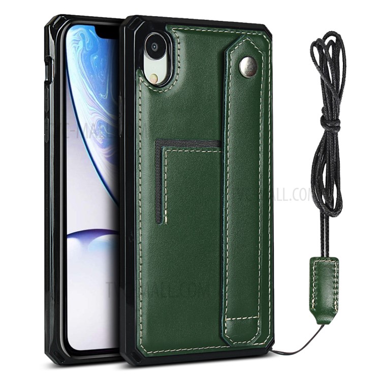 Hand Strap Kickstand Genuine Leather Coated TPU Cover with Card Slot for iPhone XR 6.1 inch - Dark Green-1